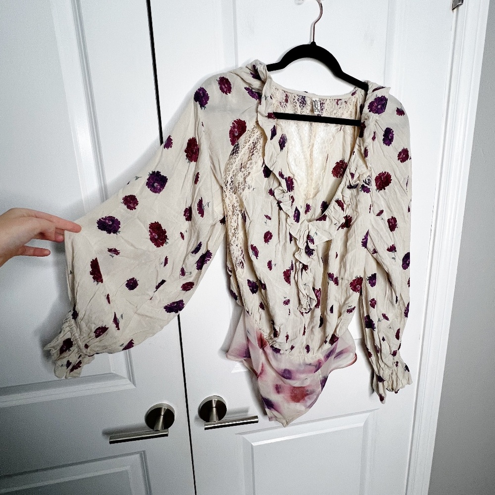 Free People Floral Poppy Printed Bodysuit Ruffle lace Cream Size S Pink - Picture 8 of 14